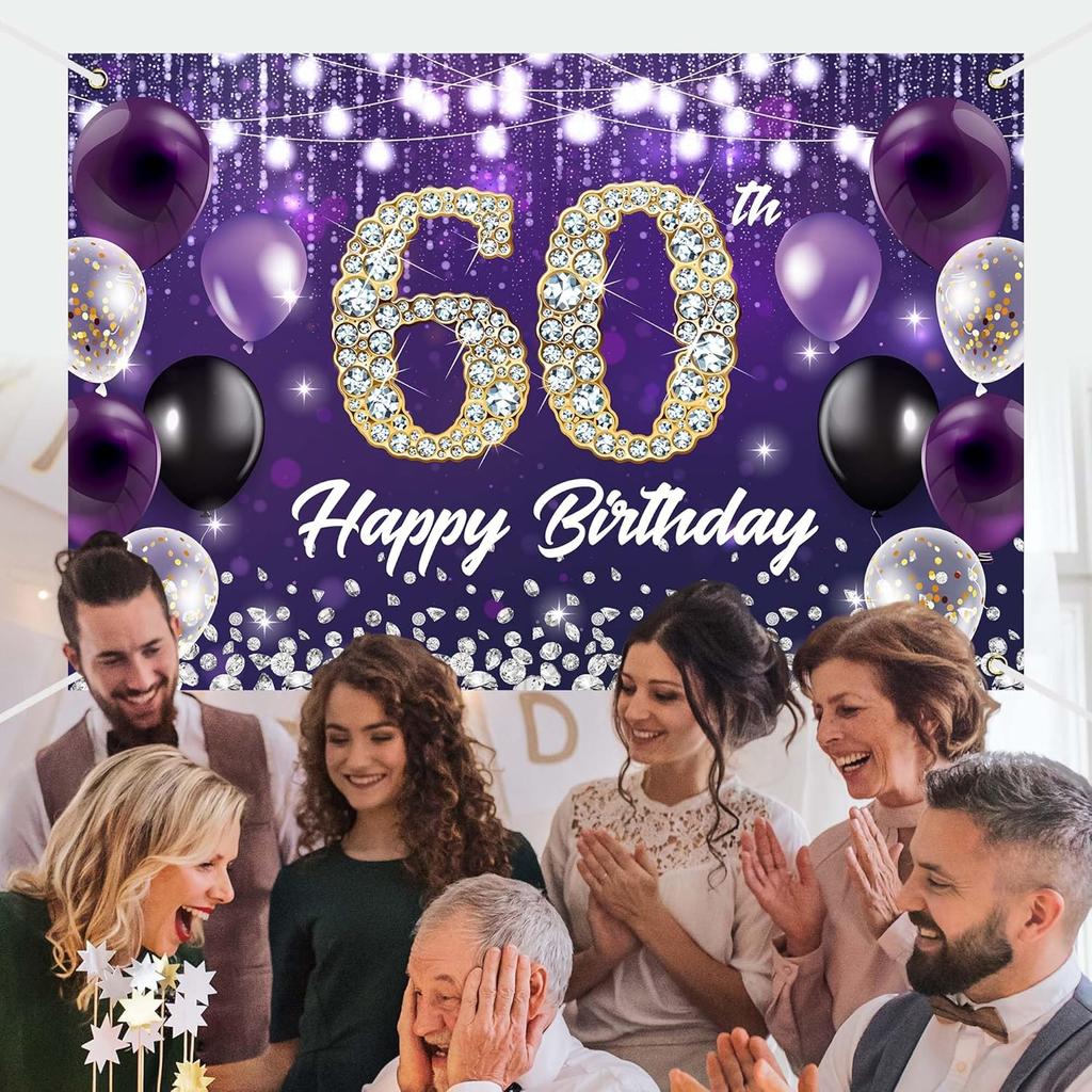 Счастливого 60-летия Баннер-фон Фиолетовая тематика Фон с блестящими бриллиантами Благородный Элегантный Фон для Фотосъемки Дня Рождения Фотобудка