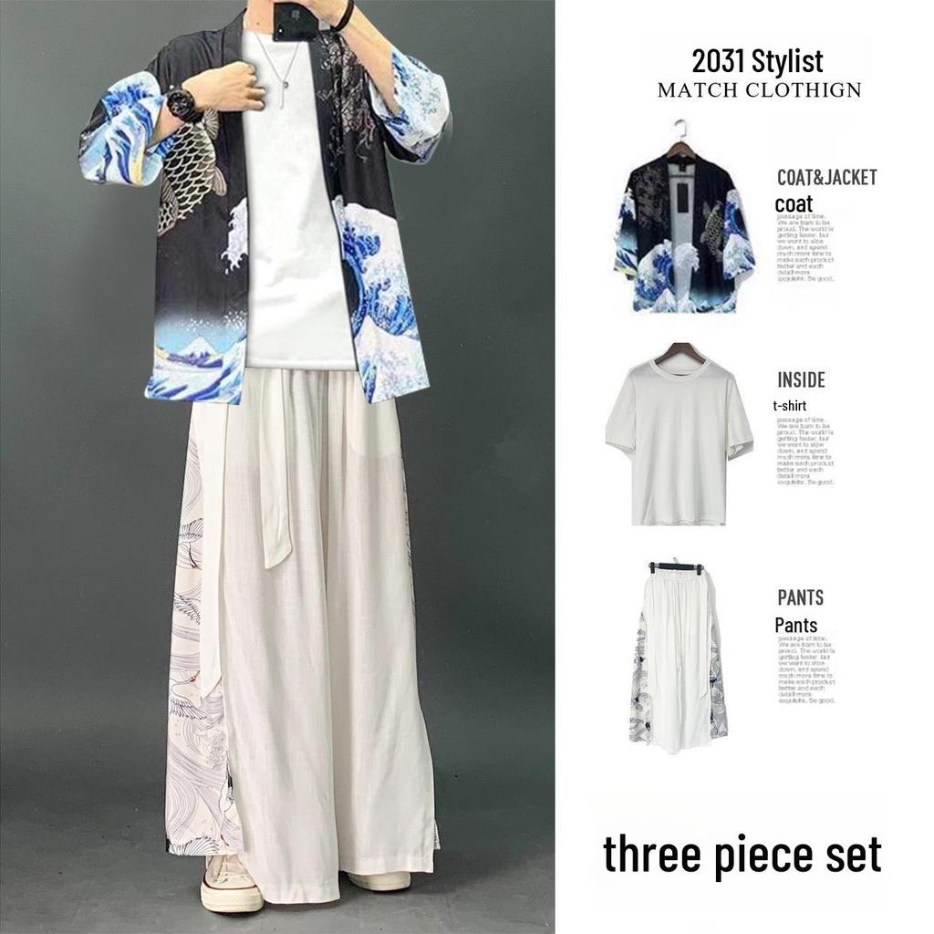 Men's Chinese Style Ice Silk Taoist Robe: Trendy Three-Piece Hanfu Tang Suit for Summer