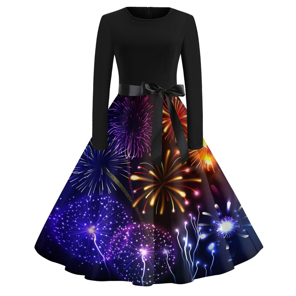 Женское повседневное модное платье с круглым вырезом и длинным рукавом с новогодним принтом в ретро-стиле