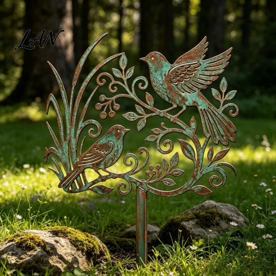 Rustic Copper Bird Statue Metal Garden Stake, Weather Resistant Iron Yard Art Ornament, Unique Accent Retro Patina Finish Sign for Outdoor Lawn Decor