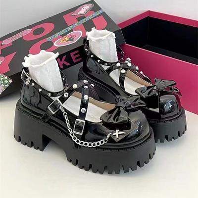 Новые черные туфли в стиле Лолита с бантом на толстой подошве для женщин Весенние женские туфли-лодочки в стиле панк с цепочкой Модные женские туфли-лоферы с пряжкой на каблуке
