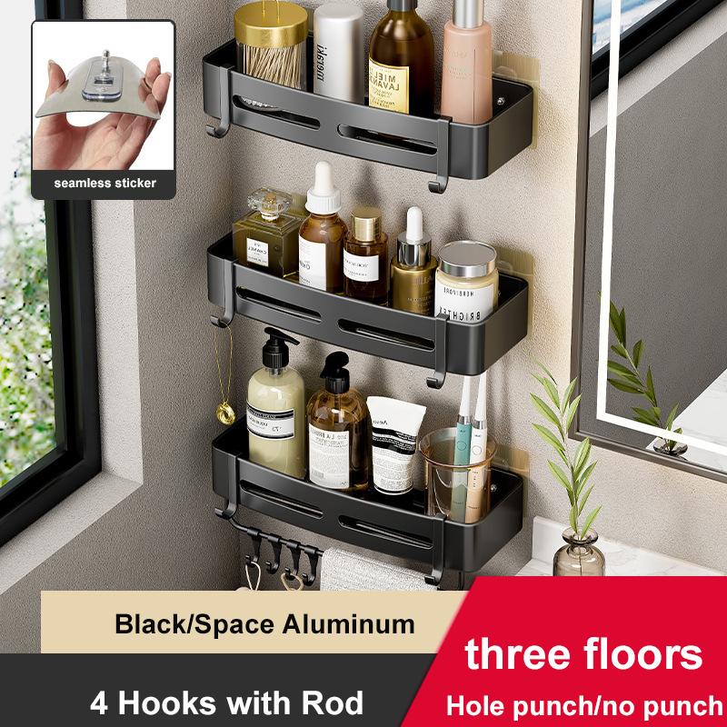 Bathroom Shelves No Drill Shampoo Storage Rack Wall Mounted Shower Corner Shelf Space Aluminum Kitchen Organizer Rack