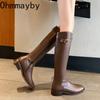 Мода Винтаж Женские тонкие сапоги до колена Модные туфли с пряжкой на ремне Осень Зима Низкий каблук Дамы Стрейч Современные длинные сапоги