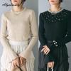 Элегантная мода осень зима женский базовый однотонный вязаный свитер с круглым вырезом белый черный пуловер с бисером расклешенный рукав женственный топ
