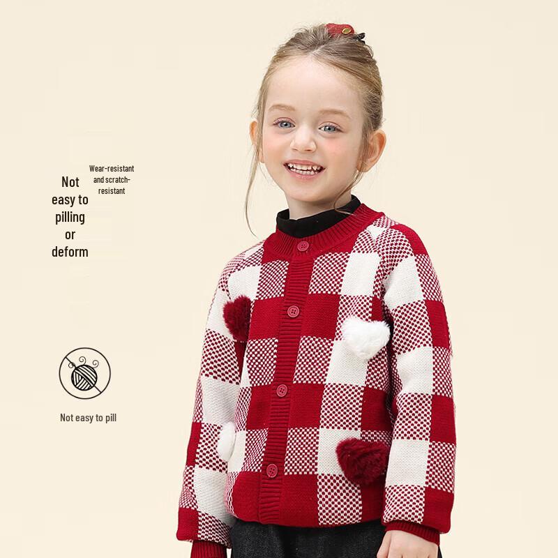 Девочковый ретро-свитер в красную клетку с декором в виде сердца и помпона