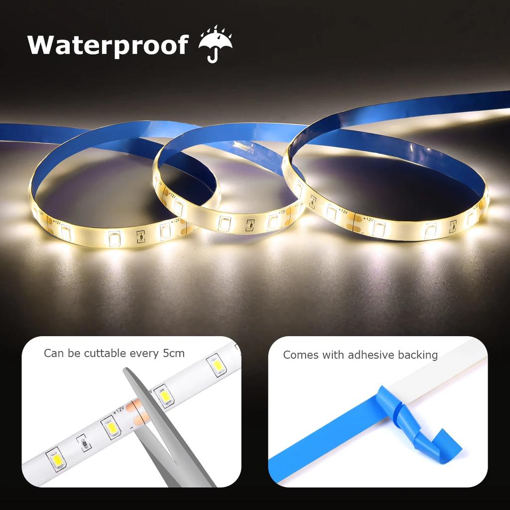 12V Waterproof PIR Motion Sensor LED Strip Light Flexible Under Cabinet Lighting for Kitchen Wardrobe Bed Emergency Night Lamp