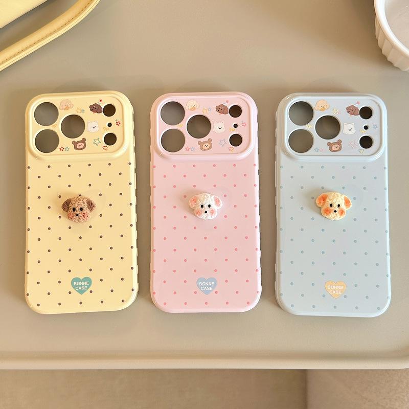 Чехол для телефона с 3D мультяшным щенком в горошек Для iPhone 17 16 15 14 13 12 Pro Max Конфетные цвета Ударопрочный Защитный Мягкий Чехол