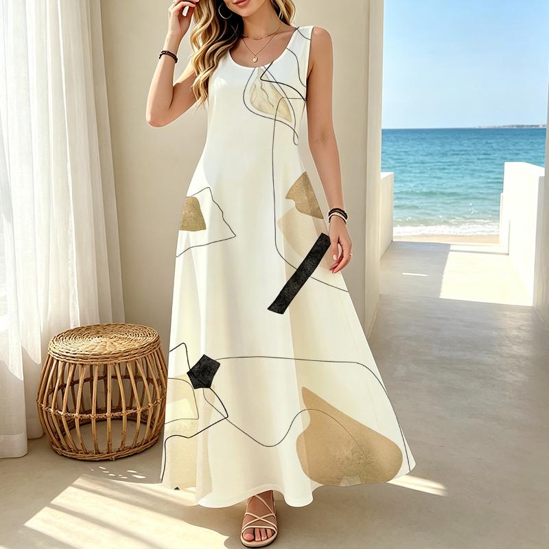 Women's Sleeveless Maxi Dress Lightweight Loose Fit with Geometric Design,Versatile for Beach Vacation & Daily Summer Casual Wear