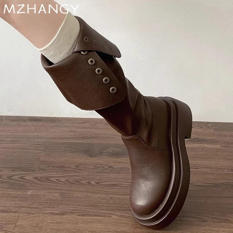 Модные женские высокие сапоги на платформе, кожаные туфли, зимняя мода, высокие сапоги до колена, женские зимние сапоги 2024 года, платье, женские сапоги Челси, ботинки