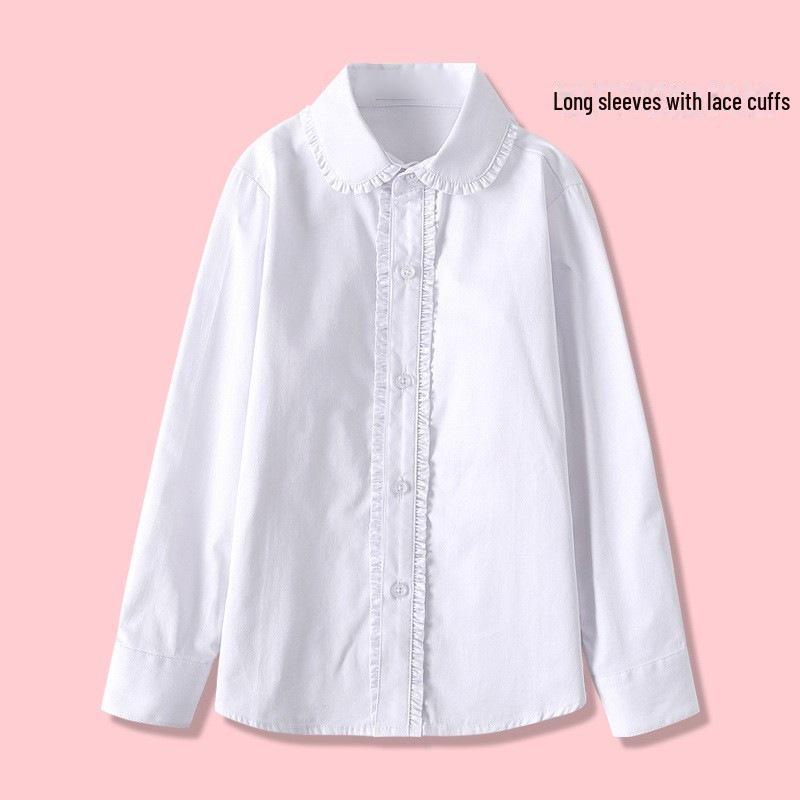 Белая хлопковая школьная рубашка с длинным рукавом для девочек - стиль весна/осень для учеников начальной и средней школы