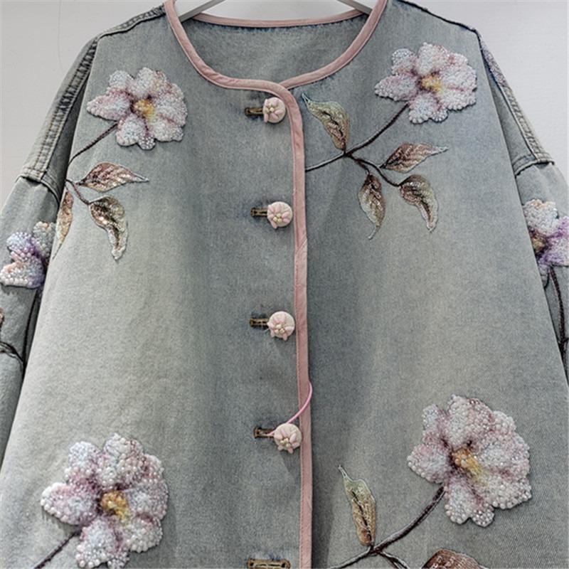 Весна новый дизайн чувство модный круглый вырез контрастная отделка бисерный цветок короткий длинный рукав джинсовая куртка