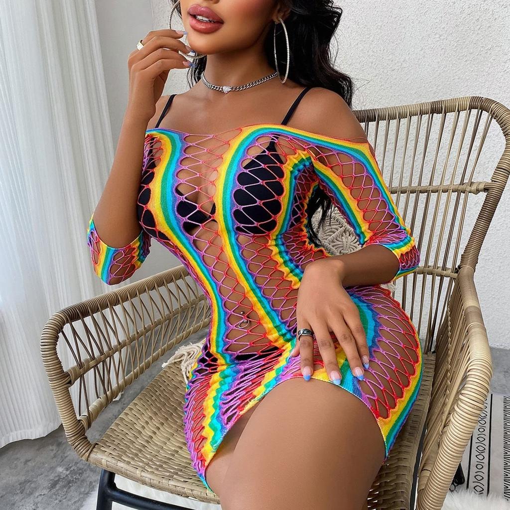 Женское нижнее белье больших размеров, женское сексуальное женское белье, высокоэластичный сетчатый Радужный купальник, полые рыболовные сети, сексуальный плотный цвет