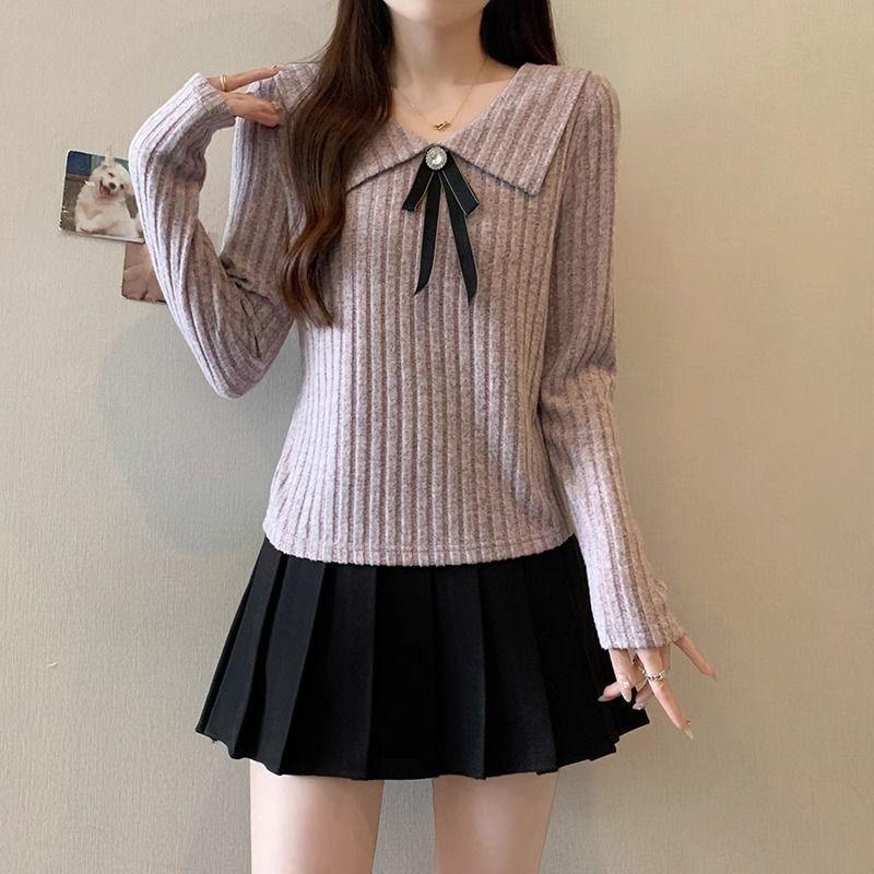 Tie Sweet Doll Collar Bow Tie Свитер, весна, осень и зима, облегающий прикрывающий свитер с длинными рукавами, трикотажные внутренние женские топы