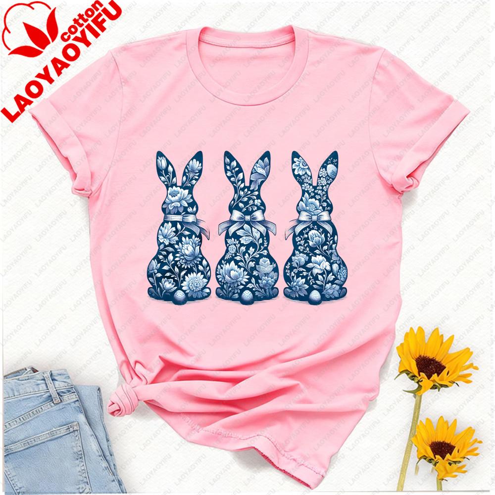 Porcelain Style Easter Bunny Tshirt Three Blue White Floral Rabbits With Bow Egg Graphic Breathable Fabric Festive Casual Tee