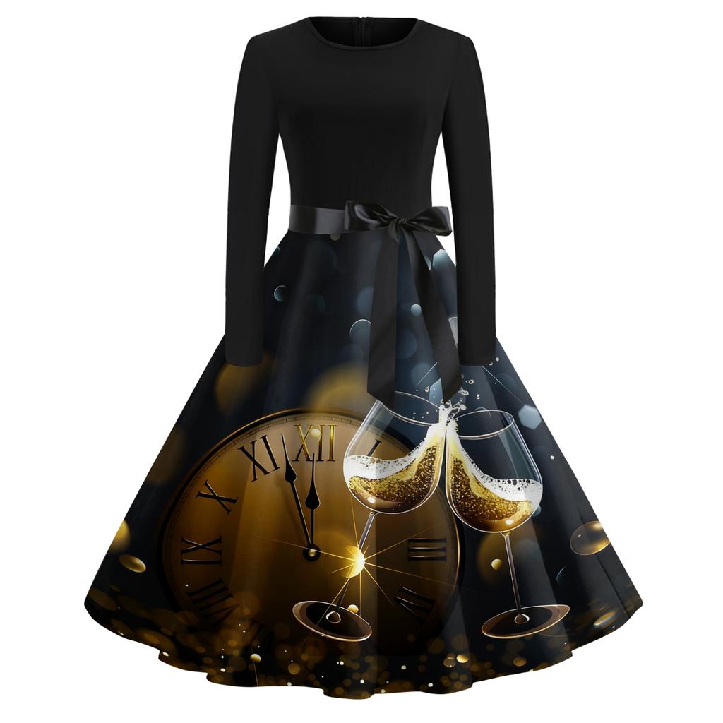 Женское повседневное модное платье с круглым вырезом и длинным рукавом с новогодним принтом в ретро-стиле
