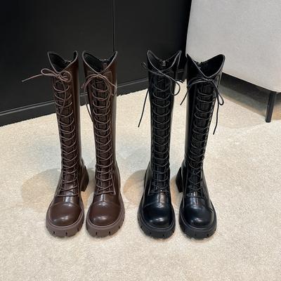 Кожа из коровьей шкуры~ Женские кожаные ботинки 2025 Новые осенне-зимние шнурованные облегающие ботинки на толстой подошве, ботинки-рыцари, длинные ботинки, высокие ботинки