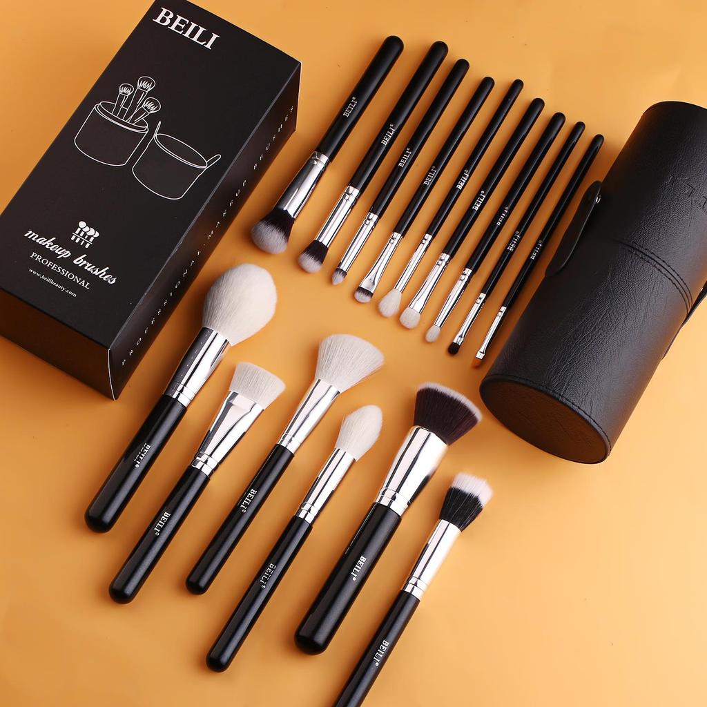 BEILI Makeup Brushes 15pcs Professional Premium Synthetic Goat Hair Kabuki Foundation Blending Face Powder Blush Concealers Eye Shadows With Holder