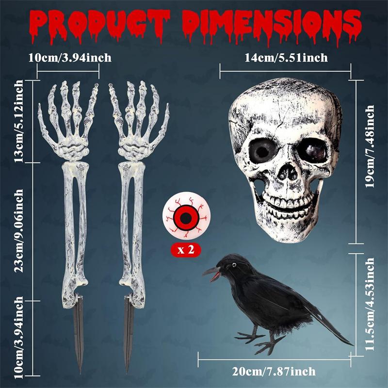 Realistic Skeleton Stakes with Crow and Red Eyes Zombie Hands and Skull Set for Graveyard Yard Lawn Garden Decoration
