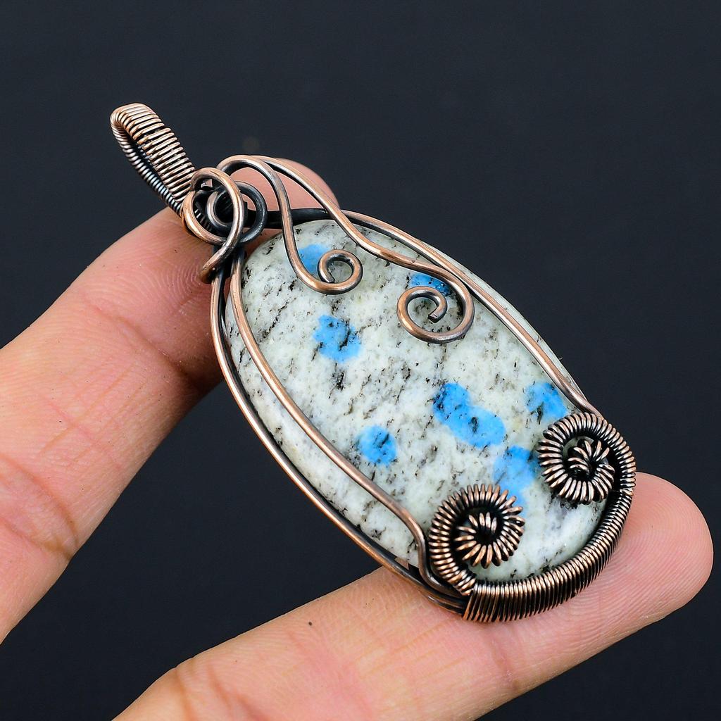 K2 Azurite Gemstone Pure Copper Wire Wrapped Handmade Jewelry Pendant