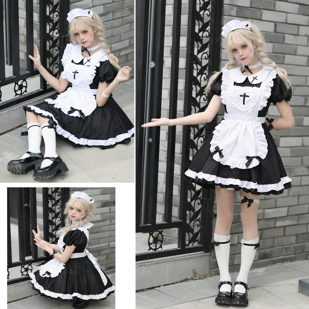 Костюм горничной для косплея Concafe, костюм горничной на Хэллоуин, готическая лолита, милый стиль Алисы, крест, готический, цельный костюм, короткая длина, костюм горничной, нарядный