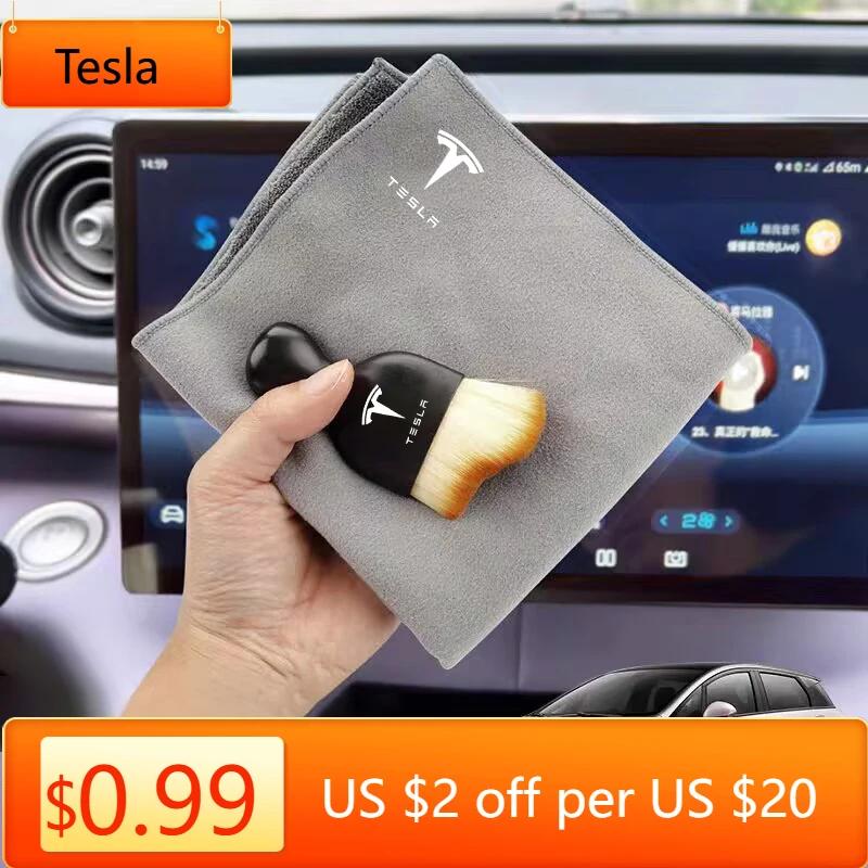Sticker Tesla Car Towel Suede Double-sided Car Cleaning Cloth with Car Detail Cleaning Brush For Tesla Model S X Y 3 Roadste