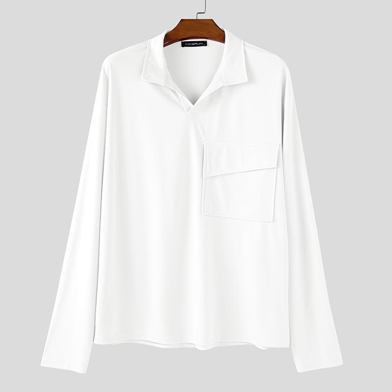 INCERUN Мужские футболки оверсайз с лацканами, длинным рукавом, однотонные, свободные, повседневные