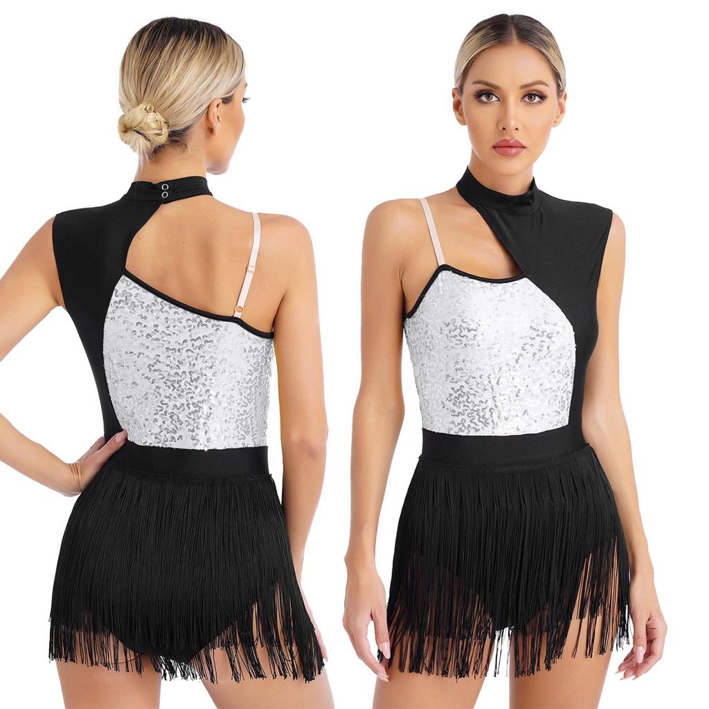 Womens Sleeveless Latin Dance Leotard Shiny Sequins Contrast Color Fringed Bodysuit for Dance Party Stage Performance