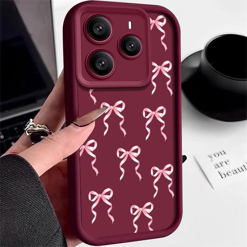 Розовый чехол с принтом банта, противоударный чехол для Xiaomi 14T 13T Poco X7 F6 X6 Pro Redmi Note 14 Pro 13 12 11, силиконовый мягкий защитный чехол для линз из ТПУ, матовый чехол для телефона