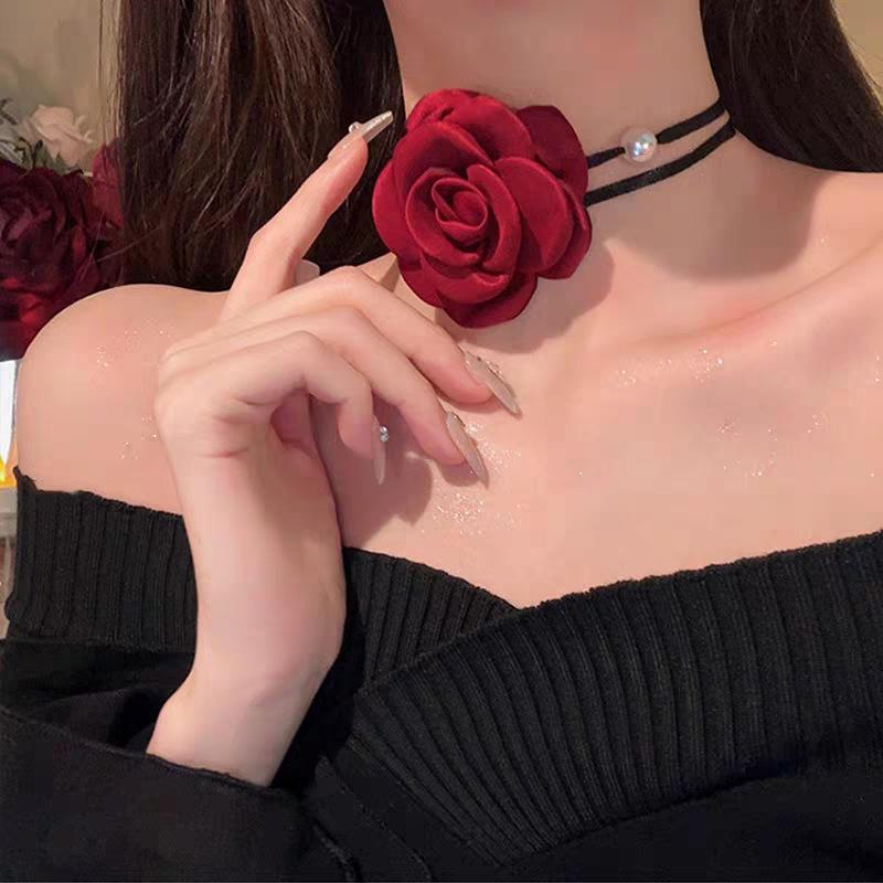 Ankola Женское кружевное колье-чокер с красной розой и камелией и жемчужной цепочкой