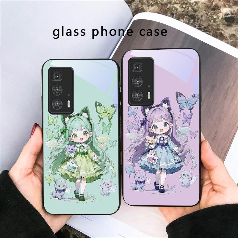 Q-версия Синяя Бабочка Для Motorola Moto Edge 20 Lite 30 Pro 40 Neo 50 Ultra G45 G54 G55 G75 G84 G85 GPlay 23 Стеклянный Чехол Для Телефона