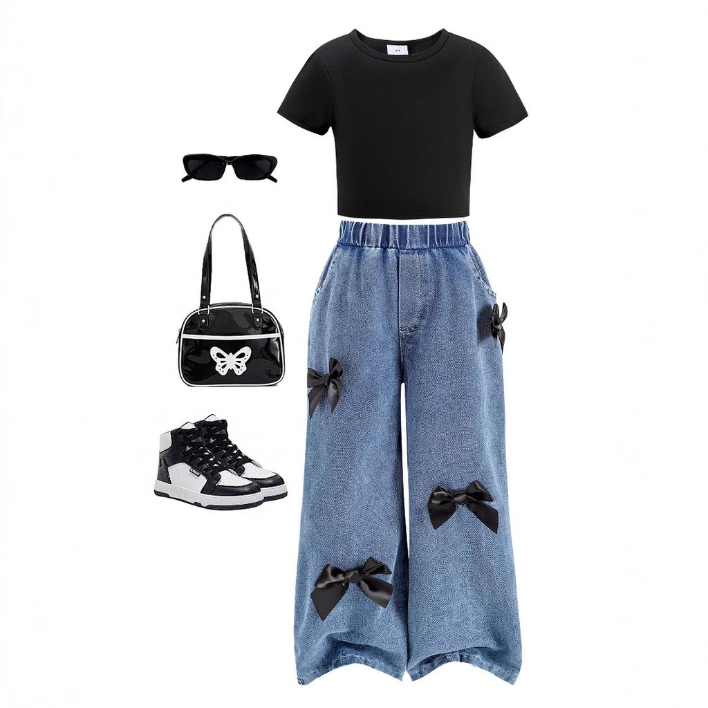 Комплект одежды для девочек 2025 года, летняя детская повседневная черная футболка с короткими рукавами + длинные брюки с бантом