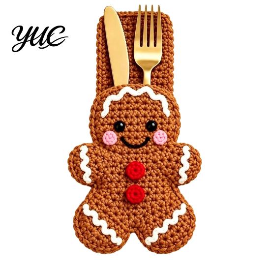 Tableware Storage Bag Christmas Crochet Cutlery Holder, Santa Snowman Reindeer Tree Flower Knife Dining Table Accessories Fork Spoon Sleeve