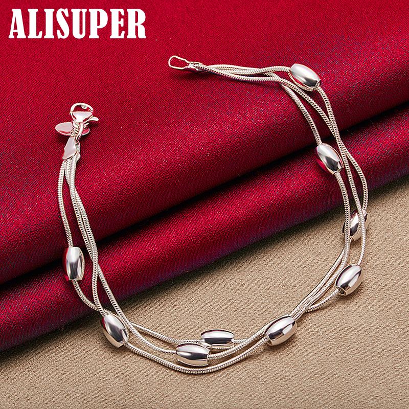 Ювелирные изделия из стерлингового серебра 925 пробы с тремя змеиными цепочками и гладкими бусинами в форме фасоли