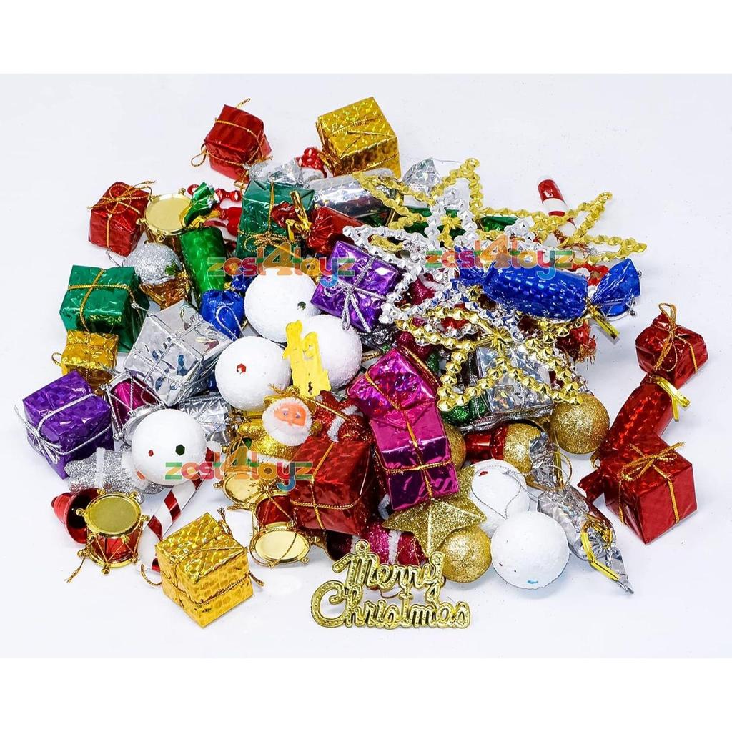 Christmas Decorations with Bells Candy Sticks Stars Gift Boxes and Santa Ornaments Christmas Tree Decoration Items (90 Pcs) Multicolor
