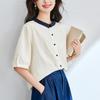 Белая рубашка с колор-блокингом на воротнике, вышивкой, на лето, новая, для работы, повседневная, женская, в корейском стиле, универсальная рубашка-кардиган