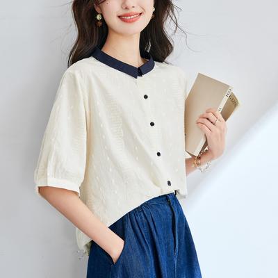 Белая рубашка с колор-блокингом на воротнике, вышивкой, на лето, новая, для работы, повседневная, женская, в корейском стиле, универсальная рубашка-кардиган