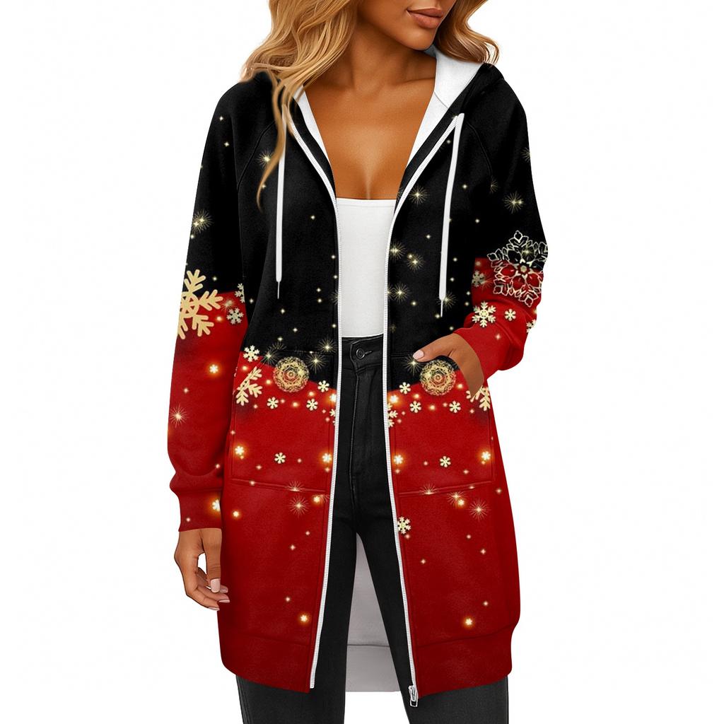 Women's Fashionable Christmas Printed Long Sleeved Drawstring Hooded Zipper Pocket Long Casual Sweatshirt Jacket