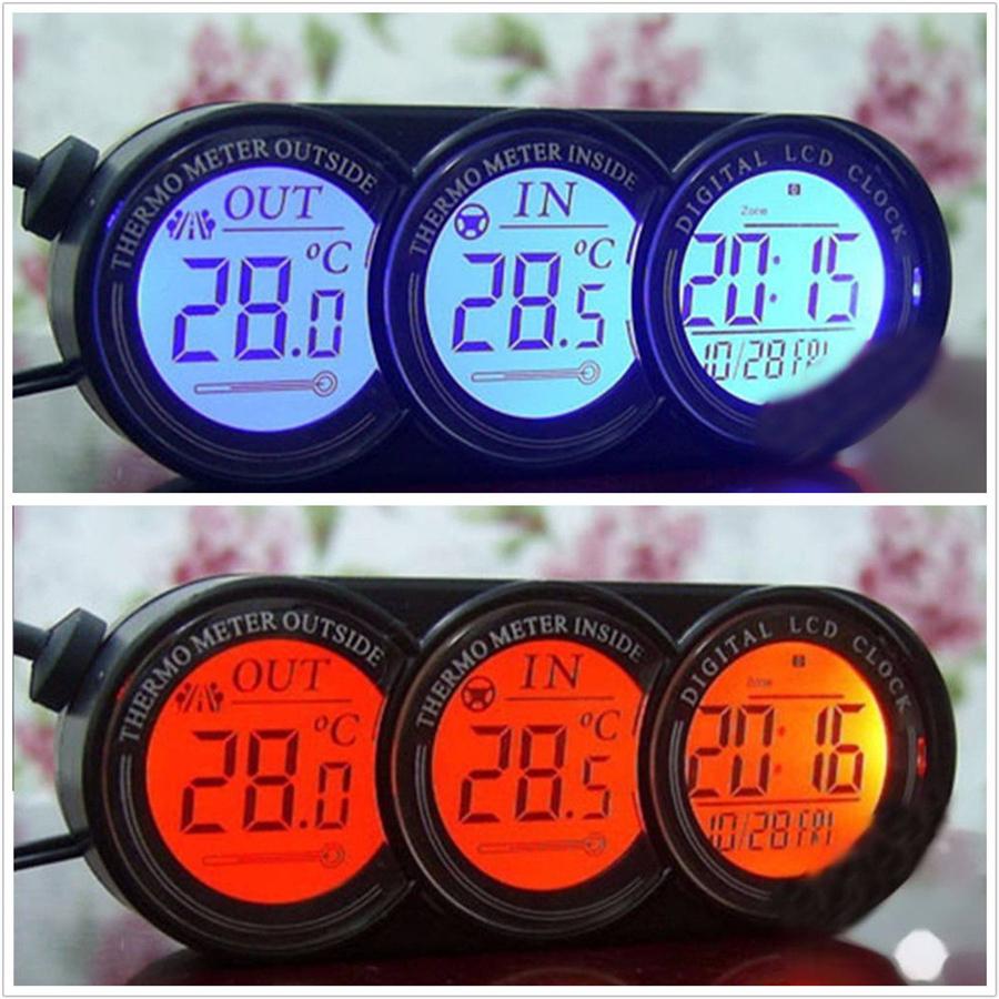 Car In/Outdoor Thermometer & Clock Digital LCD Display Orange/Blue LED Backlight