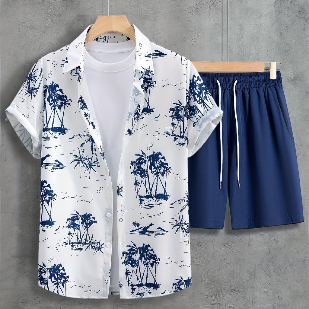 Coconut Tree Print Men's Short-sleeved Shirt And Beach Shorts Set Summer Everyday Men's Casual Shirt And Beach Pants