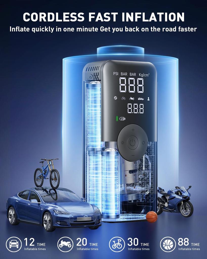 Tire Inflator Portable Air Compressor Faster Inflation 150PSI & 20000mAh Cordless Portable Air Pump, Accurate Pressure LCD Display & Emergency Light