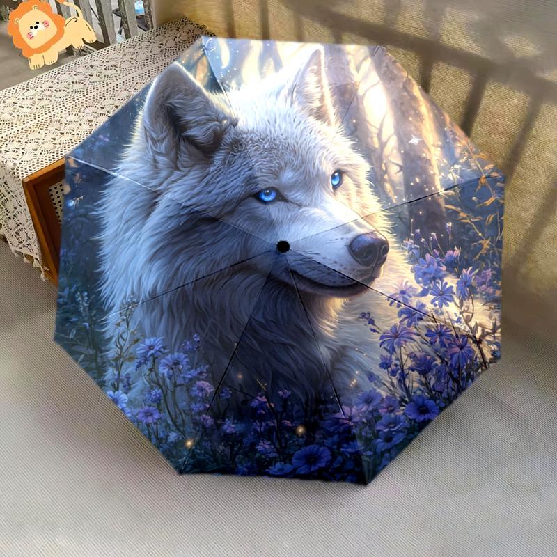 1 шт. Автоматический складной зонт - Волк в лунном узоре, Портативный и складной дизайн с 8 спицами, Рождественские и Новогодние подарки