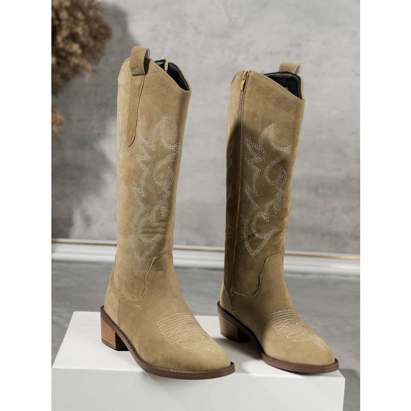 Женские сапоги в стиле ретро с вышивкой и V-образным вырезом, коричневые, с грубой подошвой на каблуке, короткие сапоги в стиле рыцаря