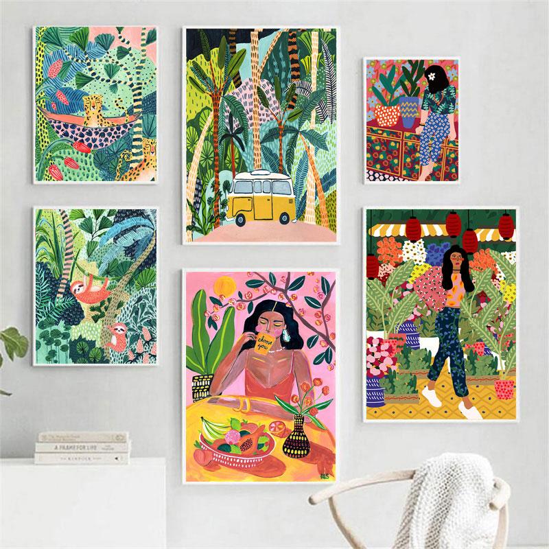 Tropical Colorful Girl Car Flower Koala Leopard Wall Art Canvas Painting Posters And Prints Wall Pictures For Living Room Decor No Frame