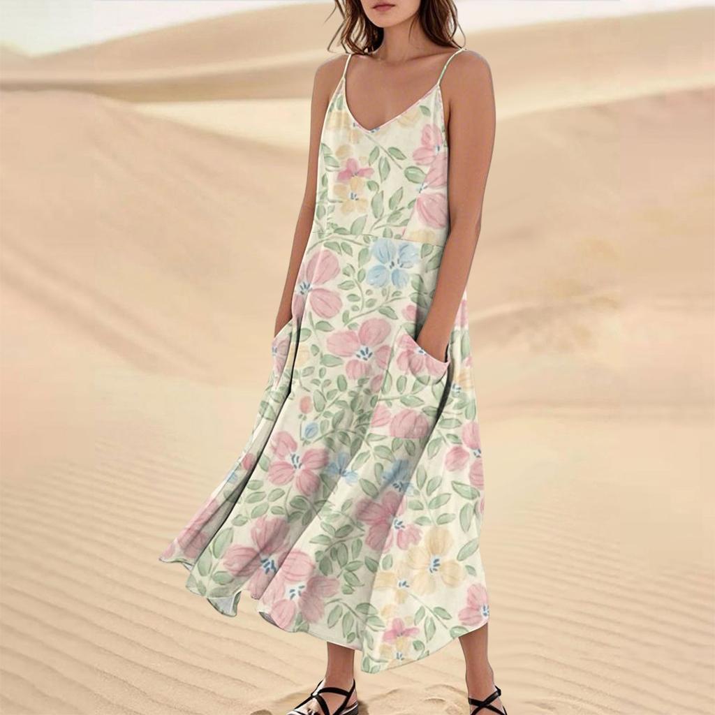 Women's Casual V Neck Floral Print Sleeveless Pocket Suspender Dress