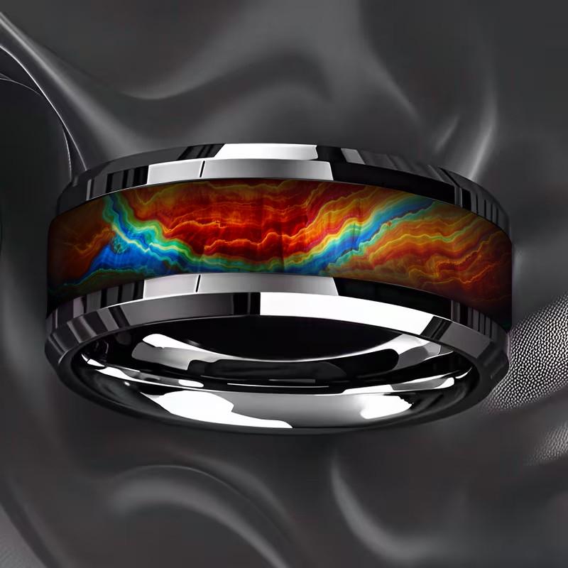 Fashion Men Stainless Steel Rings, 8mm Cyberpunk Rainbow Aurora Grain Inlay Rings for Men High Polished Wedding Bands Jewelry