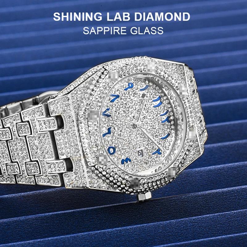 Хип-хоп Уникальные арабские мужские часы Дата Кварцевые наручные часы Золото Серебро Нержавеющая сталь Роскошные часы с бриллиантами для мужчин Ювелирные изделия