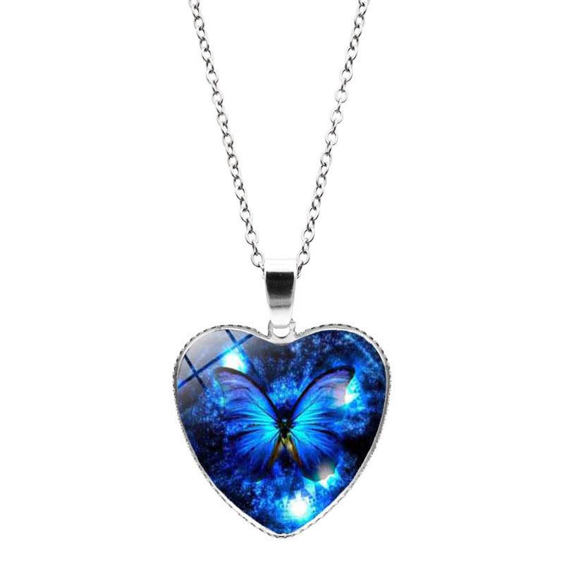 Blue Butterfly Time Heart Shape Female Versatile Love Retro Jewelry Pendant Necklace