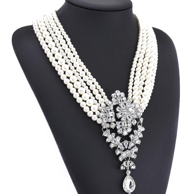 European & American Multi-Layer Pearl Crystal Water Drop Pendant Necklace - Trendy and Bold Design