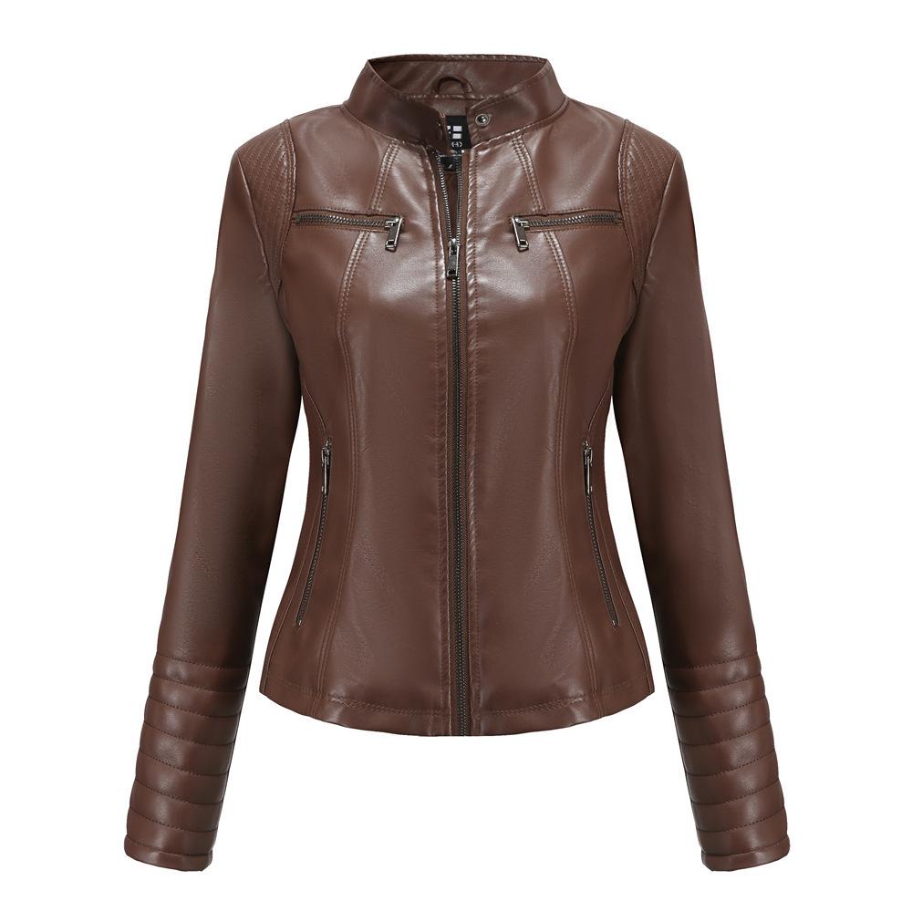 Women's European & American Spring/Autumn Leather Motorcycle Jacket - Stylish Short Design