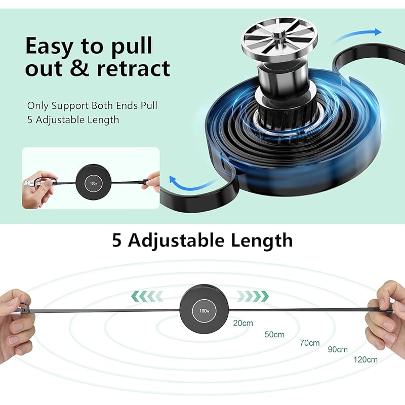 [100W 2025 New Edition] 3in2 Retractable Charging Cable 100W PD compatible/Charging 3 Devices Simultaneously 3 In 2 Charging Cord PD3.0/QC3.0 Super